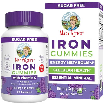 MaryRuth's Iron Gummies for 14+ with Vitamin C for Absorption | Sugar Free | Gummy Iron Supplement + VIT C | Energy Metabolism | Cellular Health | Immune Support | Vegan | Non-GMO | 60 Count