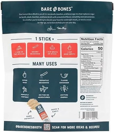 Bones Bone Broth Instant Powder Sticks - 10g Protein, Collagen Rich - Keto & Pale - Gluten-Free, Non-GMO - On The Go Individual Packets, 0.53 Oz (12 Pack)