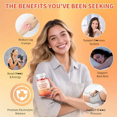 Potassium Magnesium Gummies, High Absorption Magnesium Glycinate, Magnesium Potassium Supplement with Vitamin B6 D3 B12 for Leg Cramps & Muscle Health, Sugar-Free Strawberry Flavor 60 Count