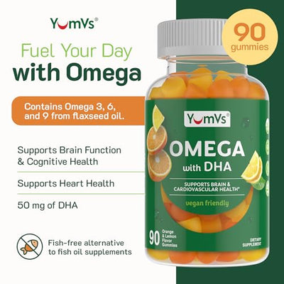 Vegan Omega 3 Supplement Gummies – Algae Oil Plant Based Vegan DHA – Fish Oil Alternative with Flaxseed & Algae – Non-GMO, No Carrageenan – Heart, Brain & Eye Support – Lemon & Orange – 90 Gummies