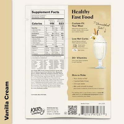 Keto Chow Vanilla Cream - Keto Meal Replacement Shake Powder - Nutritionally Complete - Low Carb - Delicious Easy Meal Substitute - Protein Rich You Choose The Fat - Single Meal - 3 Pack