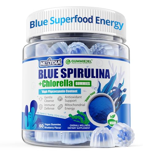 Organic Blue Spirulina Gummies, High Phycocyanin from Nutrient-Rich Blue-Green Algae for Antioxidants, Cellular Energy & Cleanse, Superfood w/Chlorella, CoQ10 & VC,Taurine,Green Tea, Sugar Free, 60 Ct