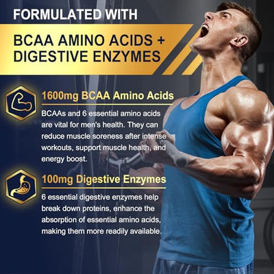 Methylated Multivitamin for Men Gummies, BCAA Amino Acids, Zinc, Daily Vitamin A C D3 E K2 B Complex, Calcium, Magnesium, Lycopene, Digestive Enzymes - Energy, Immune, Muscle- Sugar Free, Vegan, 60Cts