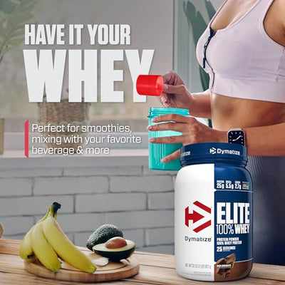 Dymatize Elite 100% Whey Protein Powder, Chocolate, 25g of Protein, 5.5g BCAAs, Less Than 140 Cal., Gluten Free, 3g Carb, 2g Sugar, 3g Fat (25 Servings)