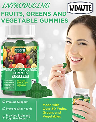 VIDAVITE Sugar-free Super Greens Gummies — US-Made, 35+ Fruit and Veggie gummies to Boost Immunity, Skin & Gut Health — Ideal Fruits and Vegetables Supplement for Adults & Picky Teens (30-Days Supply)
