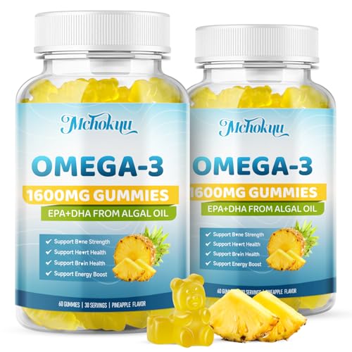 Vegan Omega-3 Gummies 1600mg EPA & DHA from Algal Oil, Fish Oil Alternative for Adults & Kids, Omega 3 Supplement with Vitamin D3 K2 for Brain, Eye & Immune Health Sugar Free Pineapple, 120 Count