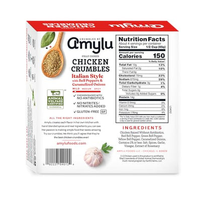 Amylu Foods Italian Style Chicken Crumbles, Natural Ingredients, 14g of Protein, GAP Certified Chicken Raised with No Antibiotics, Fully Cooked, Gluten-Free, Pork-Free, No Nitrates or Nitrites, 12 oz