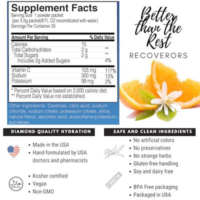 RecoverORS 8 in 1 Electrolyte Powder & Vitamin C Defense Hydration, Dual Keto Food Friendly & Potassium Supplement Booster, Adult Low Carb Rehydration Solution Drink Mix (25-Pack)