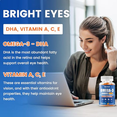 Vegan Omega-3 Gummies 1000mg from Algae Oil (DHA 460mg & EPA 230mg), Omega 3 Fish Oil Alternative for Adults, Plus Turmeric & CoQ10 for Brain, Eye & Immune Health, No Fishy Taste, Sugar Free, 120 Cts