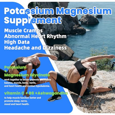 Potassium Magnesium Gummies,Potassium Supplement w/Ashwagandha,High Absorption Magnesium Glycinate,B6,D3,Potassium Citrate for Leg Cramps,Muscle,Electroyte for Adults Kids,Sugar-Free, 60 Gummies