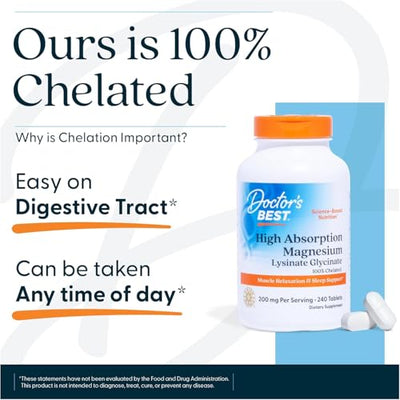 Doctor's Best High Absorption Magnesium Glycinate Lysinate Supplement for Sleep Support - Chelated Magnesium Tablets for Women & Men, 200mg per Serving, Supports Calm & Relaxation, Vegan - 120 Count
