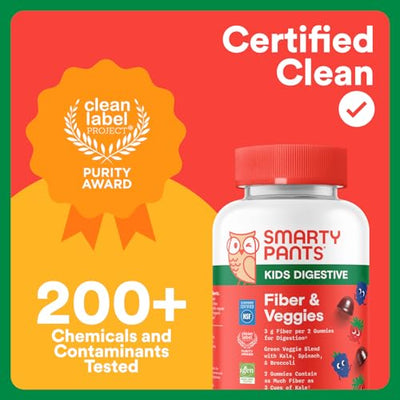 SmartyPants Kids Fiber & Veggies: Prebiotic Fiber Gummies for Kids, Fiber Supplement with Inulin, Organic Green Veggie Blend, Vegan, Gluten Free, Mixed Berry Flavor, 60 Count (30 Day Supply)