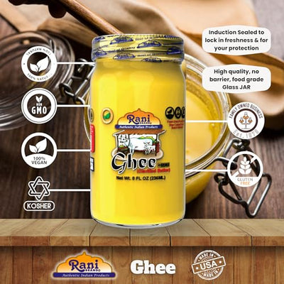 Rani Ghee Pure & Natural from Grass Fed Cows (Clarified Butter) 8oz (227g) ~ Glass Jar | Paleo Friendly | Keto Friendly | Gluten Free | Product of USA