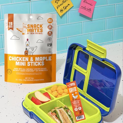 The New Primal Snack Mates Chicken & Maple Sticks, Gluten Free Healthy Snacks for Kids, Low Sugar High Protein Back to School Snacks, Mini Paleo Jerky Meat Stick, 5g Protein, 35 Calories, 15 Pack