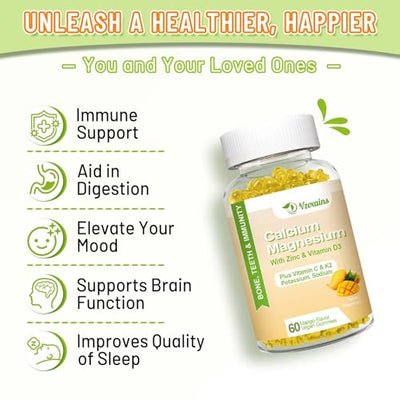 High Absorption Calcium Gummies, Calcium Magnesium Zinc with Magnesium Glycinate, Potassium, Vitamin D3 for Women & Men- Mango Flavor 60 Cts