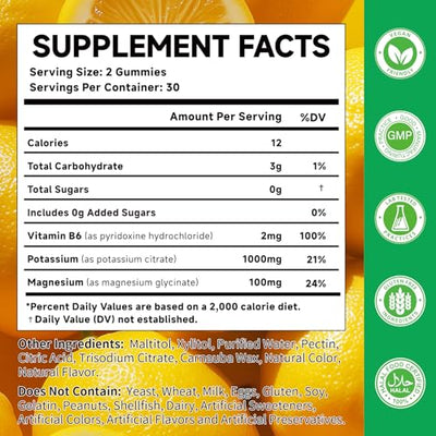 Potassium Citrate 1000mg Gummies, Potassium Supplement for Adults Women and Men, with Magnesium, Vitamin B6 Chewable Supplements, Support Electrolyte Balance, Leg Cramps & Muscle Health, 60 Count