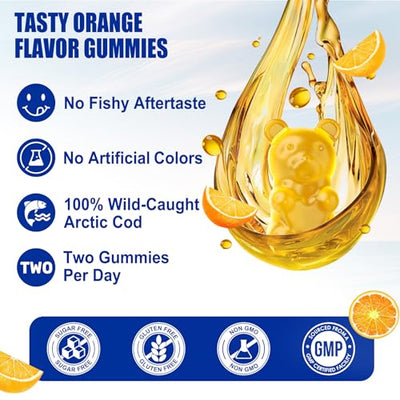 Cod Liver Oil 1000mg Gummies for Adults & Kids, with Vitamin A & D3 - Omega 3 Fish Oil Supplement - DHA 360mg & EPA 240mg for Brain, Bone, Eye & Immune Health, Sugar Free, 120 Count