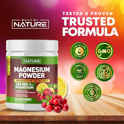 Built by Nature Magnesium Powder - Anti-Stress Drink Mix for Calm & Regularity - Magnesium Citrate Supplement - Relaxation, Muscle & Heart Support - Cranberry Lemonade Flavor - 30 Servings