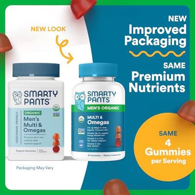 SmartyPants Multivitamin for Men, Organic Gummies: Methylfolate, Omega 3 (ALA), Vitamin D3, C, Vitamin B12, B6, A, K & Zinc for Immune Support, Biotin, Vegetarian, 120 Gummies (30 Day Supply)