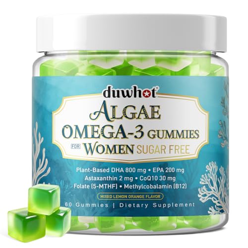 duwhot Vegan Omega-3 Gummies for Women, Algae DHA & EPA 1000mg, with CoQ10, Astaxanthin, Fish Oil Supplement Alternative for Adults, Heart & Brain Health, 60 Count