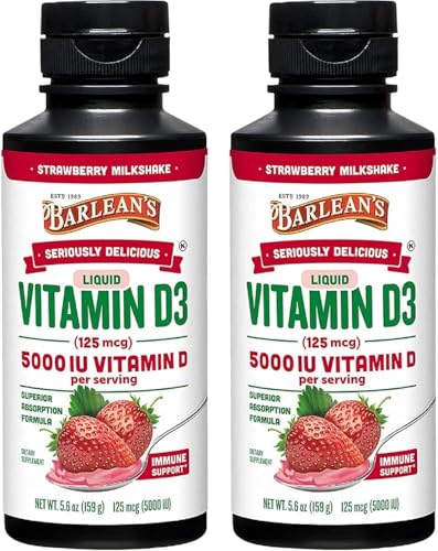 Barlean's Pack of 2 Vitamin D3 Liquid Supplement for Kids and Adults, 5000 IU Vitamin D, Strawberry Milkshake, Non-GMO, Gluten and Dairy Free, 5.6 oz Each
