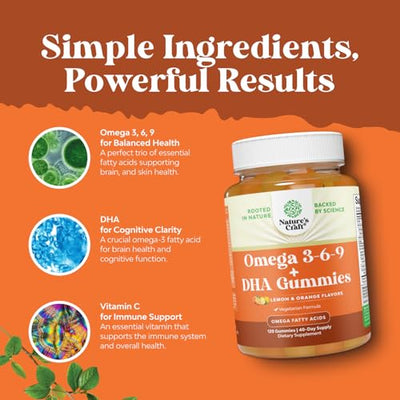 Omega 3 Gummies for Adults - Vegetarian Omega 3 6 9 DHA Gummies for Brain Bone and Heart Health and Joint Support - Burpless Fish Free Plant Based Supplement Men Women - 120 Count