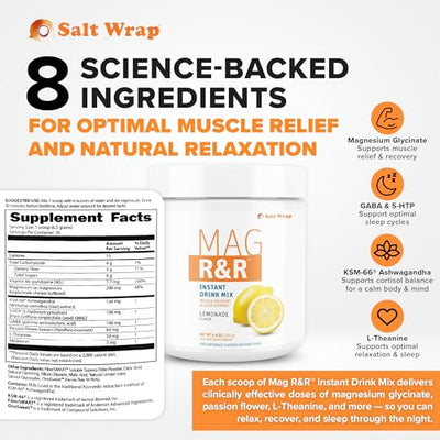 SaltWrap Mag R&R Instant Drink Mix - Sugar-Free Nighttime Magnesium Glycinate Powder with Stevia & FiberSMART® - Muscle Cramp & Leg Cramps Relief, Sleep & Relaxation Support - 30 Servings