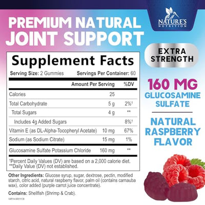 Joint Support Gummies - Glucosamine Plus Vitamin E Nature's Joint Support Supplement for Occasional Discomfort for Back, Knees & Hands - Cartilage & Joint Health & Flexibility Support - 120 Gummies