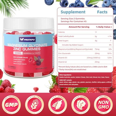 90 CT Magnesium Glycinate Gummies 600mg, Sugar Free Magnesium Gummies w/Zinc & Vitamin D3 & K2 - Magnesium Supplements for Sleep, Supports Bone Health, Nerve & Immune Function