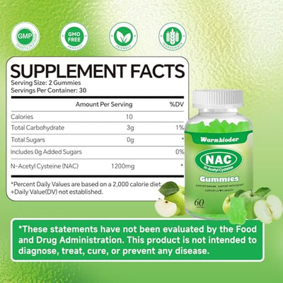 NAC Gummies for Adults & Kids 1200mg, NAC Supplement N-Acetyl Cysteine, Immune Support,NAC Chewable Support Liver Health,Sugar-Free, Green Apple Flavor