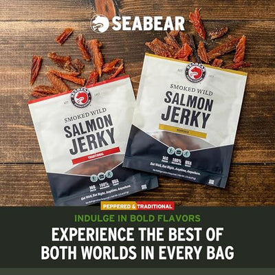 SeaBear Variety Traditional + Peppered Wild King Salmon Jerky 2-Pack Smoked Salmon Jerky, Wild Caught Alaskan Salmon, High-Protein Snack, Cold Smoked & Ready to Eat, Classic Smokehouse Flavor, 2.5 oz Bag (Pack of 2)
