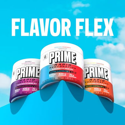 Prime Rapid Rehydration Electrolyte Powder, Ocean Cherry, Sugar Free Hydration Drink Mix with Sodium, Potassium, Magnesium & B Vitamins to Replenish Fluids, Caffeine Free, 6 Gallon Tub, 48 SRV