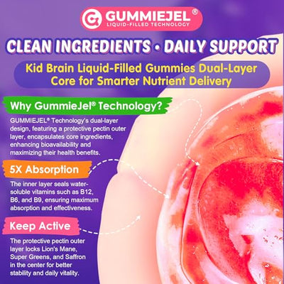 Kids Brain Gummies with Lion's Mane Mushroom, Methyl B6, B9, B12, Super Greens, Lutein, Brain Booster Supplement for Focus & Attention, Cognitive Function, Vision & Energy, Sugar Free, Vegan 60 Count