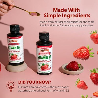 Barlean's Pack of 2 Vitamin D3 Liquid Supplement for Kids and Adults, 5000 IU Vitamin D, Strawberry Milkshake, Non-GMO, Gluten and Dairy Free, 5.6 oz Each