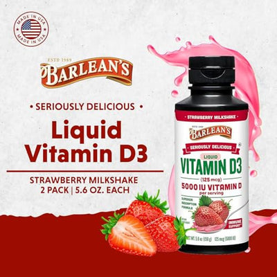 Barlean's Pack of 2 Vitamin D3 Liquid Supplement for Kids and Adults, 5000 IU Vitamin D, Strawberry Milkshake, Non-GMO, Gluten and Dairy Free, 5.6 oz Each
