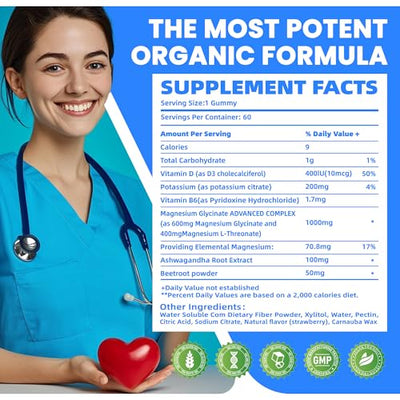 Potassium Magnesium Gummies,Potassium Supplement w/Ashwagandha,High Absorption Magnesium Glycinate,B6,D3,Potassium Citrate for Leg Cramps,Muscle,Electroyte for Adults Kids,Sugar-Free, 60 Gummies