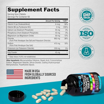 Electrolytes - Electrolyte Tablets with Magnesium, Sodium, Potassium, Chloride, Vitamins D3 & B6, Kelp Powder - Salt Pills - Made in USA - Oral Tablets as Capsules - Vegan & Keto Friendly - 120 Tabs