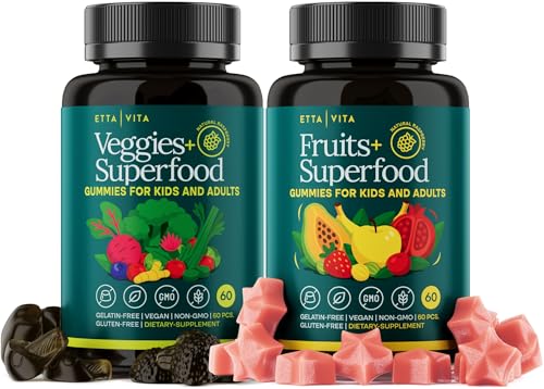 (120 Chews) Fruits and Veggies Supplement - Super Greens Gummies (9 Superfruits & 30 Veggies) Mushrooms, Fruit and Vegetable Vitamins, Non-GMO, Pectin-Based, Gluten-Free, No Capsules
