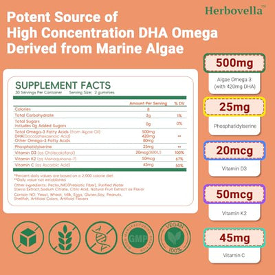 2 Pack Algae Omega 3 Gummies for Kids - 500mg with DHA, Phosphatidylserine, Vitamin D3 & K2 - Sugar Free DHA Supplement for Brain& Eye - Fish Oil Alternative - Vegan, 120 Count