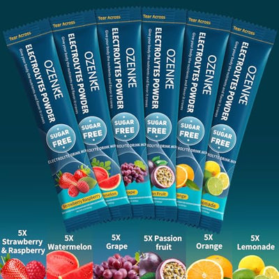 OZENKE Electrolytes Powder Packets, 30 Sticks Hydration Packets Sugar Free, Electrolyte Drink Mix Travel Electrolyte Packets for Rapid Hydration, 6 Flavors