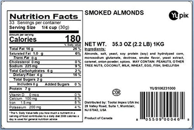 Yupik Smoked Almonds, 2.2 lb (35.2 oz), Kosher, Vegan, Roasted Salted Whole Almonds, Seasoned Nuts, Smoky Flavor, High in Fiber, Crunchy, Savory Snacks
