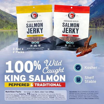 SeaBear Variety Traditional + Peppered Wild King Salmon Jerky 2-Pack Smoked Salmon Jerky, Wild Caught Alaskan Salmon, High-Protein Snack, Cold Smoked & Ready to Eat, Classic Smokehouse Flavor, 2.5 oz Bag (Pack of 2)