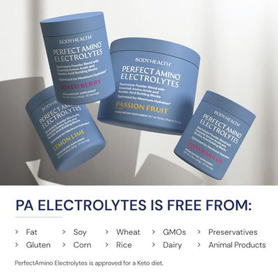 BodyHealth PerfectAmino Electrolytes Powder No Sugar, Keto Sugar Free Fasting Electrolytes Drink Mix, Hydration Powder with Trace Minerals - Mixed Berry - 60 Servings