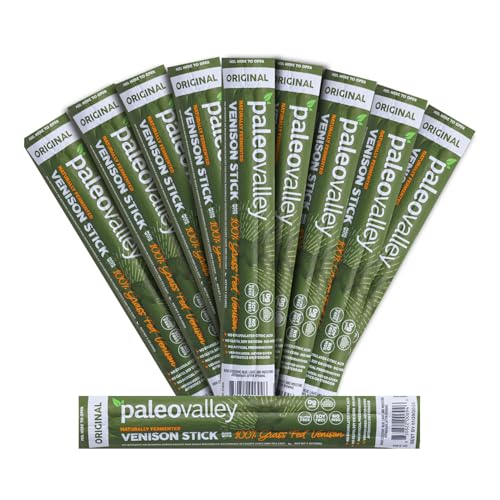 Paleovalley 100% Grass Fed Venison Sticks – 10 Pack – Keto-Friendly, High Protein, Low-Calorie Snack – Omega-3 Rich, Gluten-Free, Nitrate-Free, Naturally Flavored – Healthy On-the-Go Meat Snack