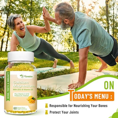 High Absorption Calcium Gummies, Calcium Magnesium Zinc with Magnesium Glycinate, Potassium, Vitamin D3 for Women & Men- Mango Flavor 60 Cts