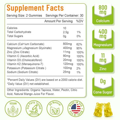High Absorption Calcium Gummies, Calcium Magnesium Zinc with Magnesium Glycinate, Potassium, Vitamin D3 for Women & Men- Mango Flavor 60 Cts