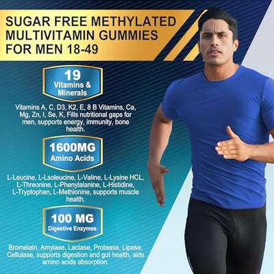 Methylated Multivitamin for Men Gummies, BCAA Amino Acids, Zinc, Daily Vitamin A C D3 E K2 B Complex, Calcium, Magnesium, Lycopene, Digestive Enzymes - Energy, Immune, Muscle- Sugar Free, Vegan, 60Cts