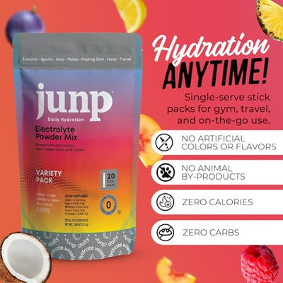 JUNP Sugar Free Electrolytes Powder Packets for Water Instant Hydration Packets with Salt & Potassium, Zero Calorie No Carbs No Sugar Keto Electrolyte Drink Mix Sticks, 5 Flavor Variety Pack, 5 Count