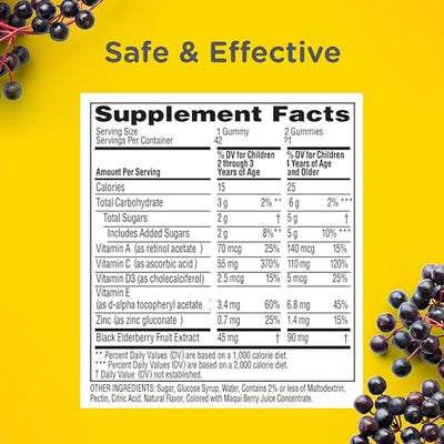 Zarbee’s Kids Elderberry Immune Support Supplement Gummies, Vitamins A C D3 E & Zinc, Elderberry Extract, Gluten & Gelatin Free, No Artificial Flavors, Natural Berry Flavor, Ages 2+, 42 Ct