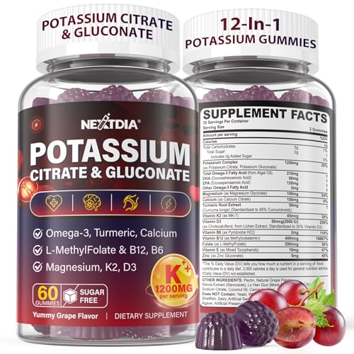 Potassium Citrate and Potassium Gluconate Supplement, 1200mg Two Forms of Potassium Gummies, w/Magnesium, Omega-3, Calcium, Vitamin D3 K2 B12 E B6, Folate for Mṵṣḉḷḙ, Nerves, Health Bones, 120Cts